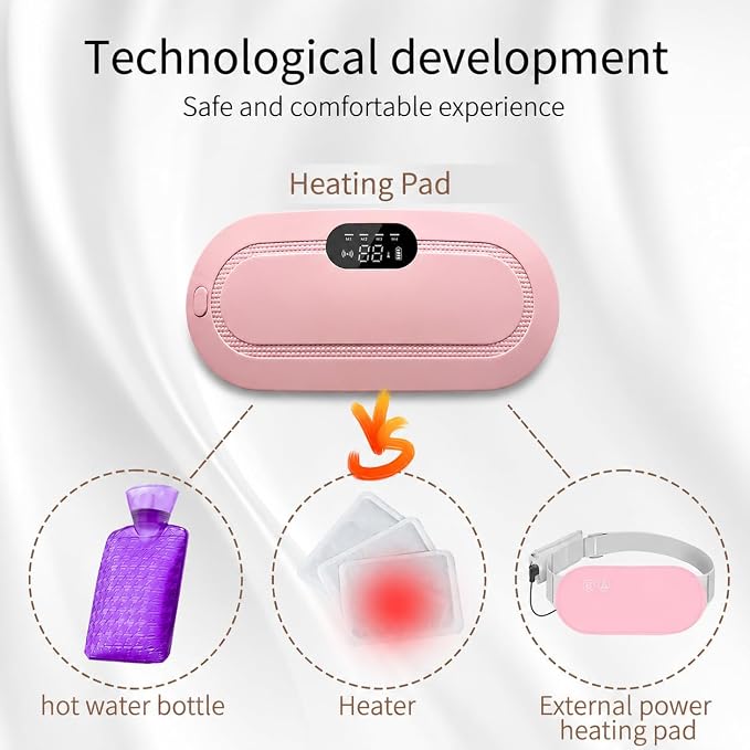 Period Cramp Relief Heating Pad Pain Device with 4 Massage Modes for Menstrual Pain and Belly or Back Pain Relief, LED Display, Comfortable Belt (Pink)