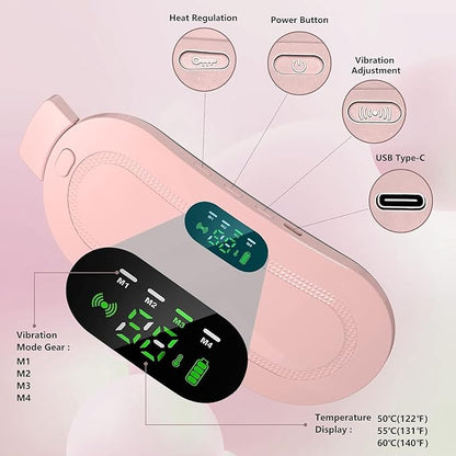 Period Cramp Relief Heating Pad Pain Device with 4 Massage Modes for Menstrual Pain and Belly or Back Pain Relief, LED Display, Comfortable Belt (Pink)