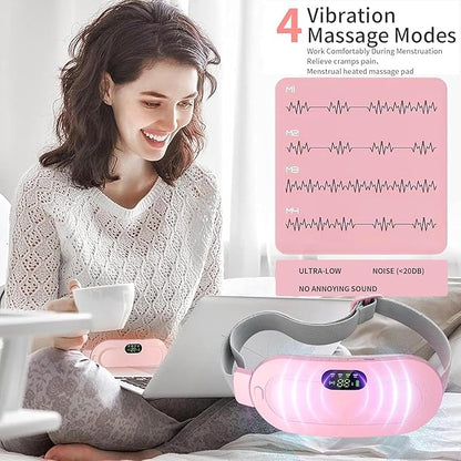 Period Cramp Relief Heating Pad Pain Device with 4 Massage Modes for Menstrual Pain and Belly or Back Pain Relief, LED Display, Comfortable Belt (Pink)